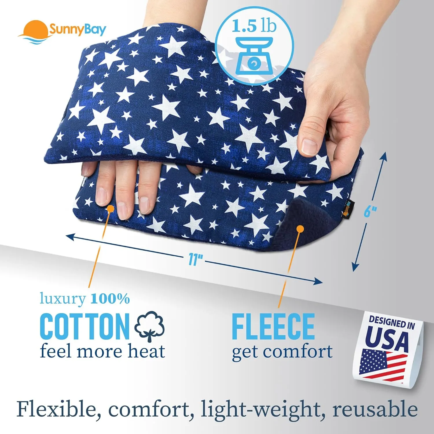 SunnyBay Small Microwave Heating Pad, Microwavable Versatile Cold/Heated Neck and Shoulder Wrap for Back Pain and More, Moist Heat Cotton-Fleece Pad, 6x11 Inches, Blue-Stars, Pack of 2