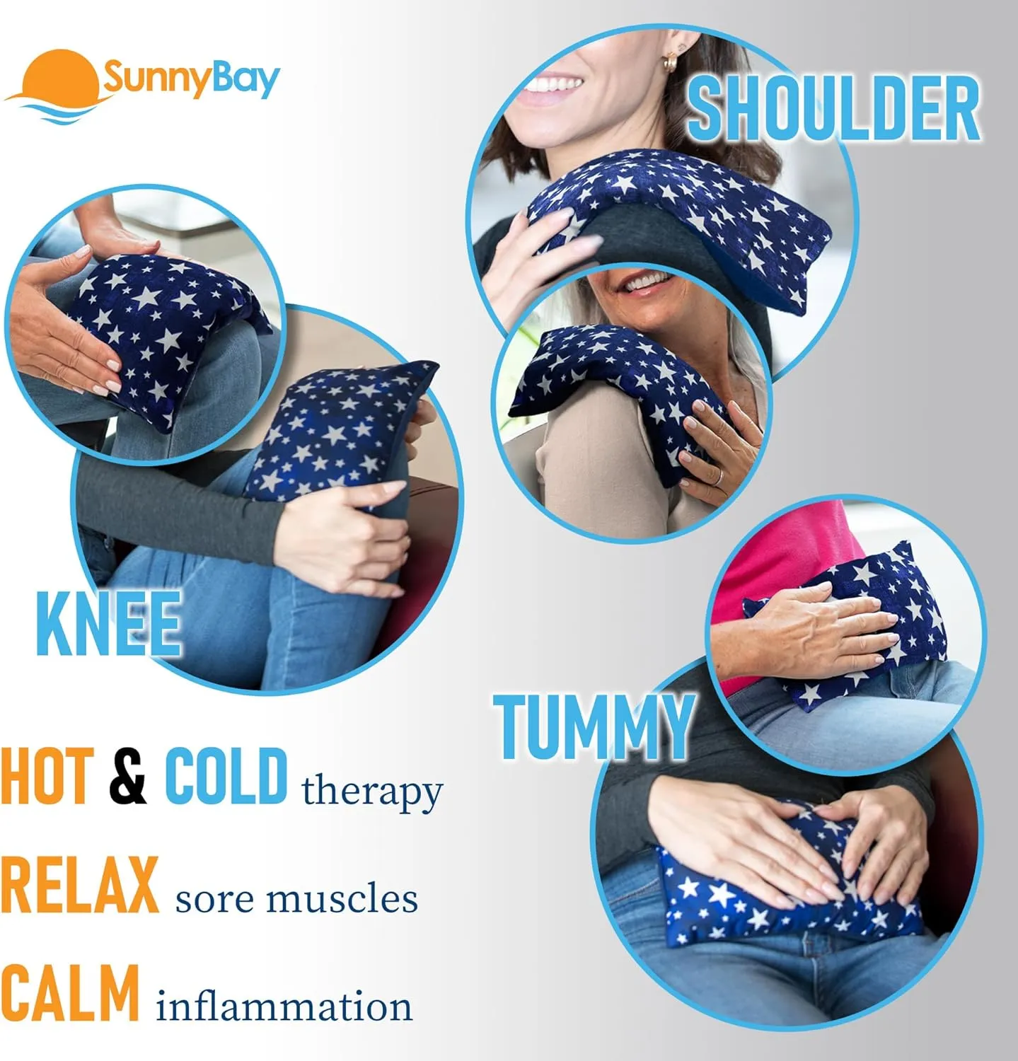 SunnyBay Small Microwave Heating Pad, Microwavable Versatile Cold/Heated Neck and Shoulder Wrap for Back Pain and More, Moist Heat Cotton-Fleece Pad, 6x11 Inches, Blue-Stars, Pack of 2