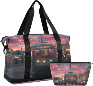 Sunset Streetcar Pattern Gym Bag - Weekender Overnight Bags for Women Men, Sport Travel Duffel Bag with Wet Pocket & Shoe Compartment