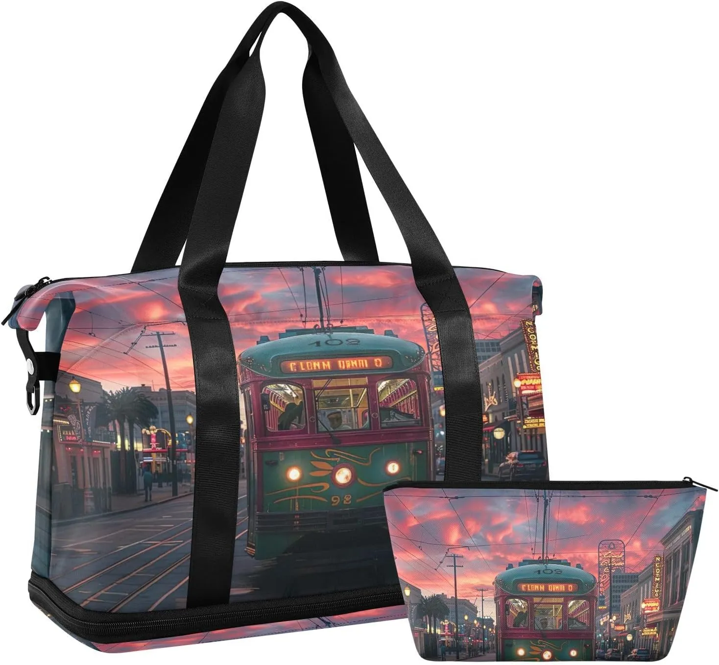 Sunset Streetcar Pattern Gym Bag - Weekender Overnight Bags for Women Men, Sport Travel Duffel Bag with Wet Pocket & Shoe Compartment