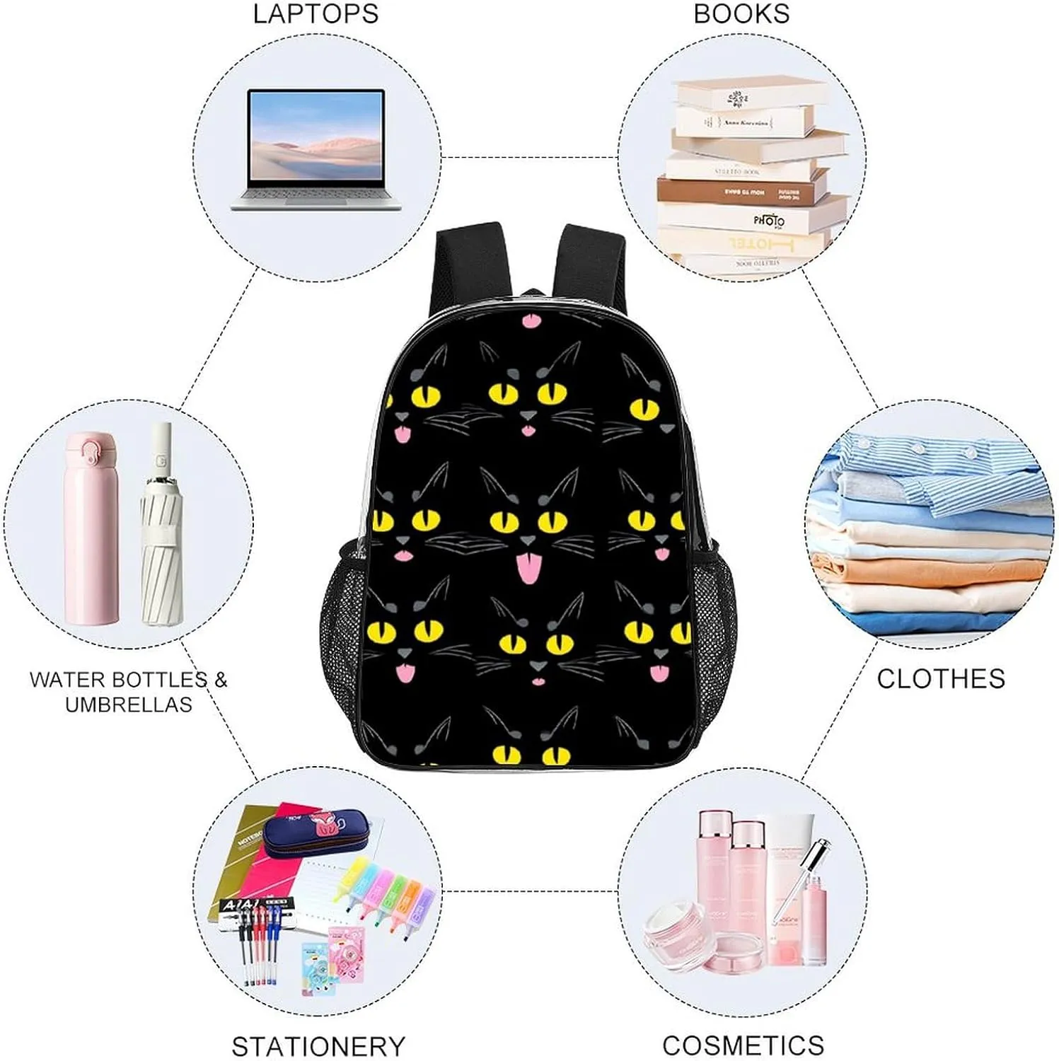 Supdreamc Men & Women Transparent Cool Funny Black Cats Backpack Large Capacity Bookbag With Smooth Zippers for Climbing Picnic Bicycle