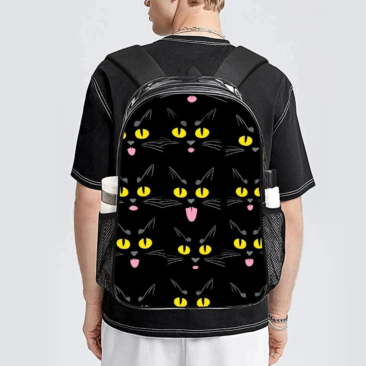 Supdreamc Men & Women Transparent Cool Funny Black Cats Backpack Large Capacity Bookbag With Smooth Zippers for Climbing Picnic Bicycle