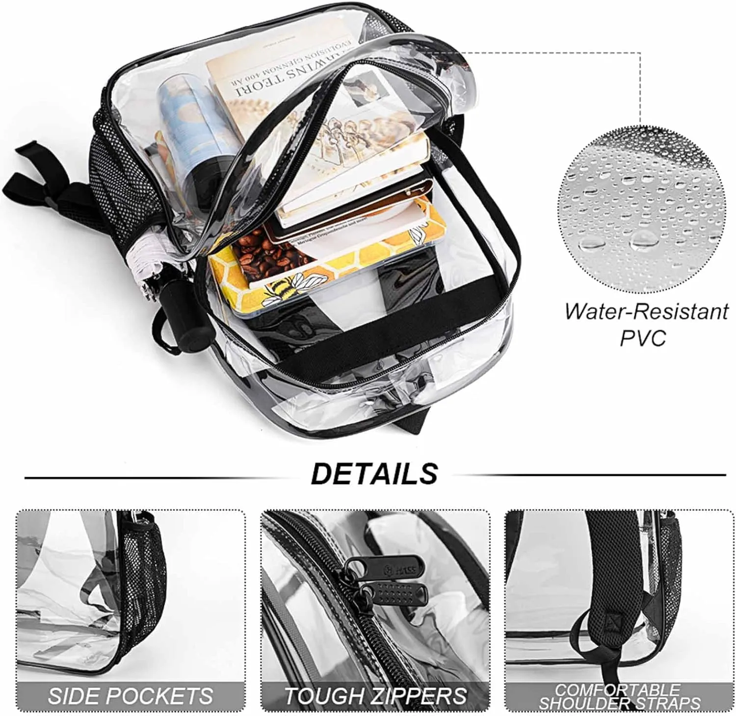 Supdreamc Men & Women Transparent Cool Funny Black Cats Backpack Large Capacity Bookbag With Smooth Zippers for Climbing Picnic Bicycle