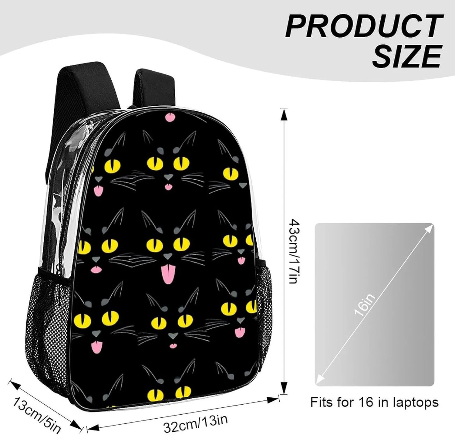 Supdreamc Men & Women Transparent Cool Funny Black Cats Backpack Large Capacity Bookbag With Smooth Zippers for Climbing Picnic Bicycle