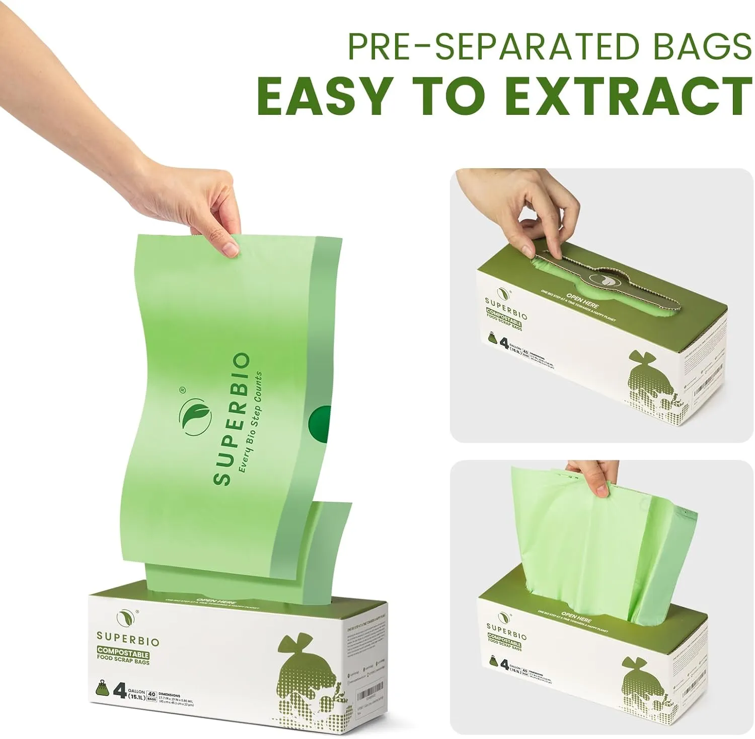 SUPERBl0 4 Gallon Compostable Drawstring Food Scrap Bags,15.1 Liter, 40 Count, 0.9 Mil,Heavy Duty Waste Bags, BPl, Seedling and OK compost INDUSTRIAL