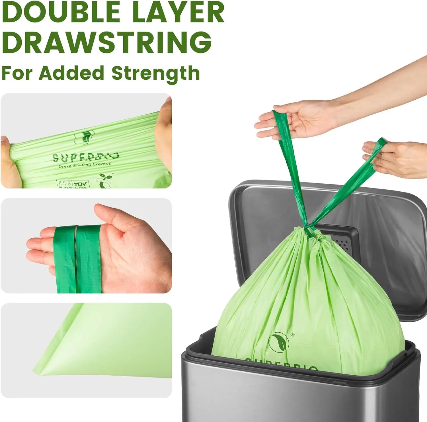 SUPERBl0 4 Gallon Compostable Drawstring Food Scrap Bags,15.1 Liter, 40 Count, 0.9 Mil,Heavy Duty Waste Bags, BPl, Seedling and OK compost INDUSTRIAL