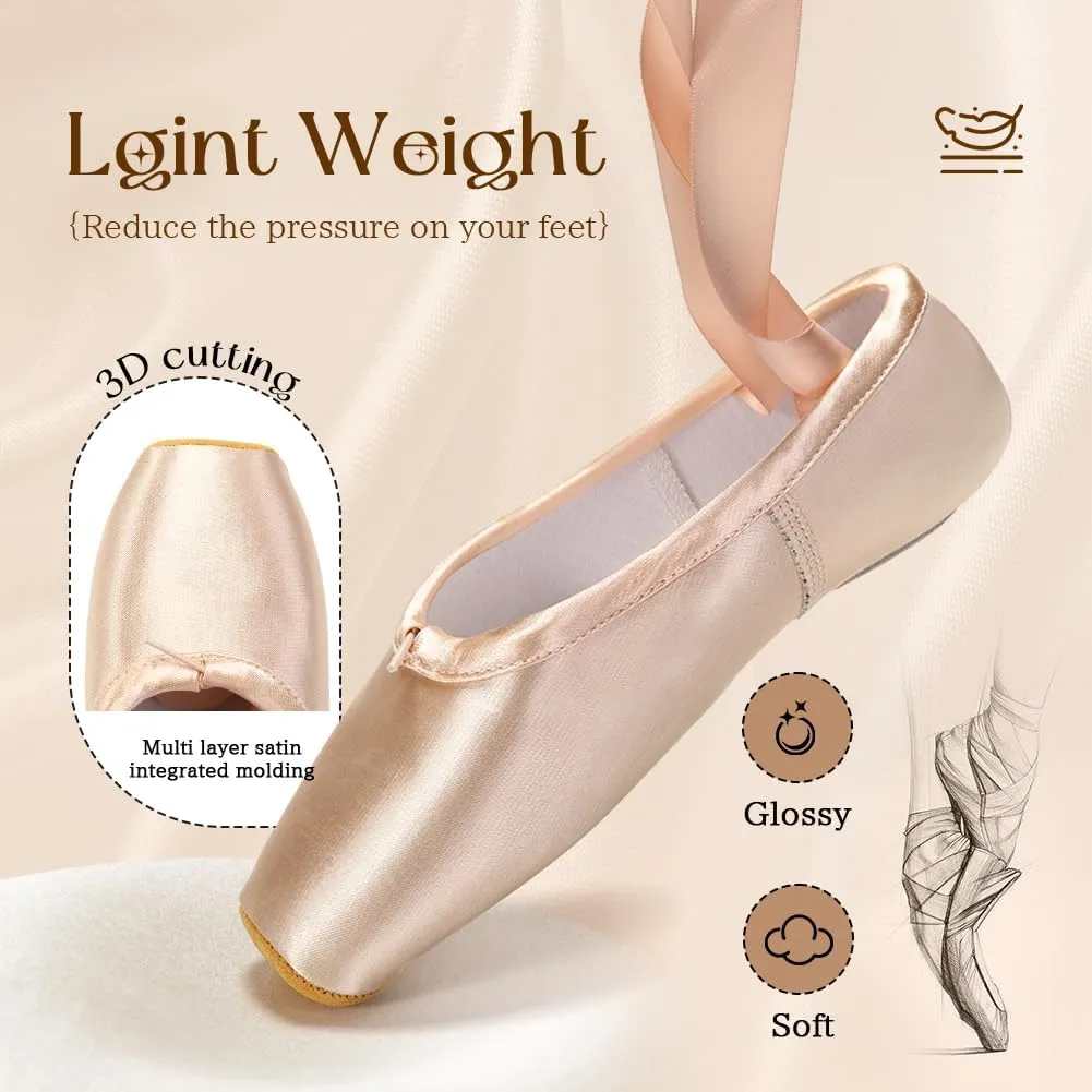 SWDZM Professional Ballet Pointe Shoes Satin for Women Leather Sole Ballet Pointe Dance Shoes with Toe Pads