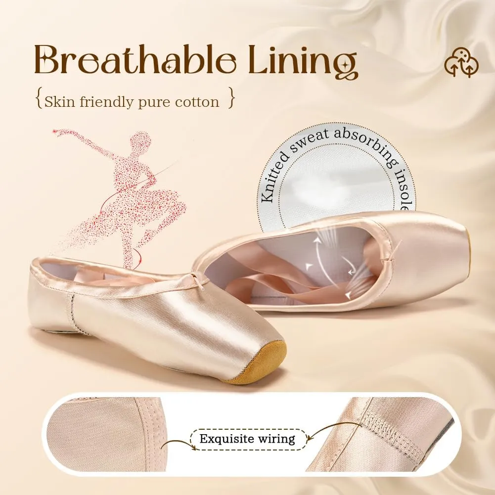 SWDZM Professional Ballet Pointe Shoes Satin for Women Leather Sole Ballet Pointe Dance Shoes with Toe Pads