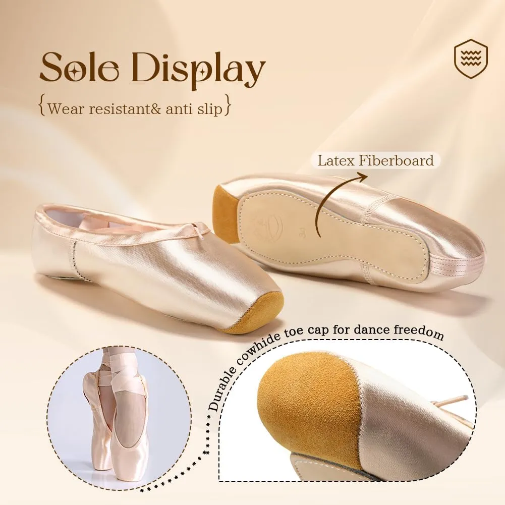 SWDZM Professional Ballet Pointe Shoes Satin for Women Leather Sole Ballet Pointe Dance Shoes with Toe Pads