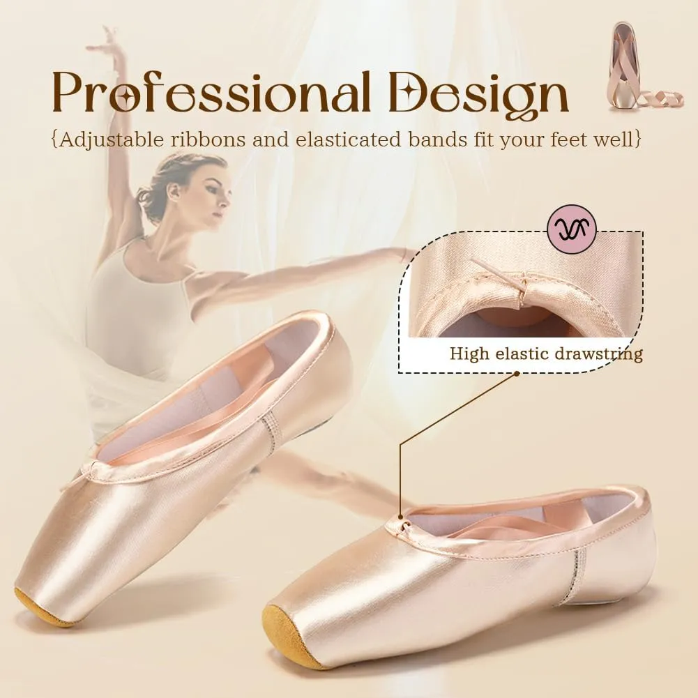 SWDZM Professional Ballet Pointe Shoes Satin for Women Leather Sole Ballet Pointe Dance Shoes with Toe Pads