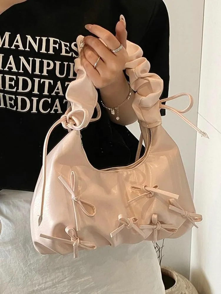 Sweet Cool Bow Tie Underarm Bag for Women Solid Color PU Leather Hobo Bag Commuter Party Travel Shoulder Bags 2025