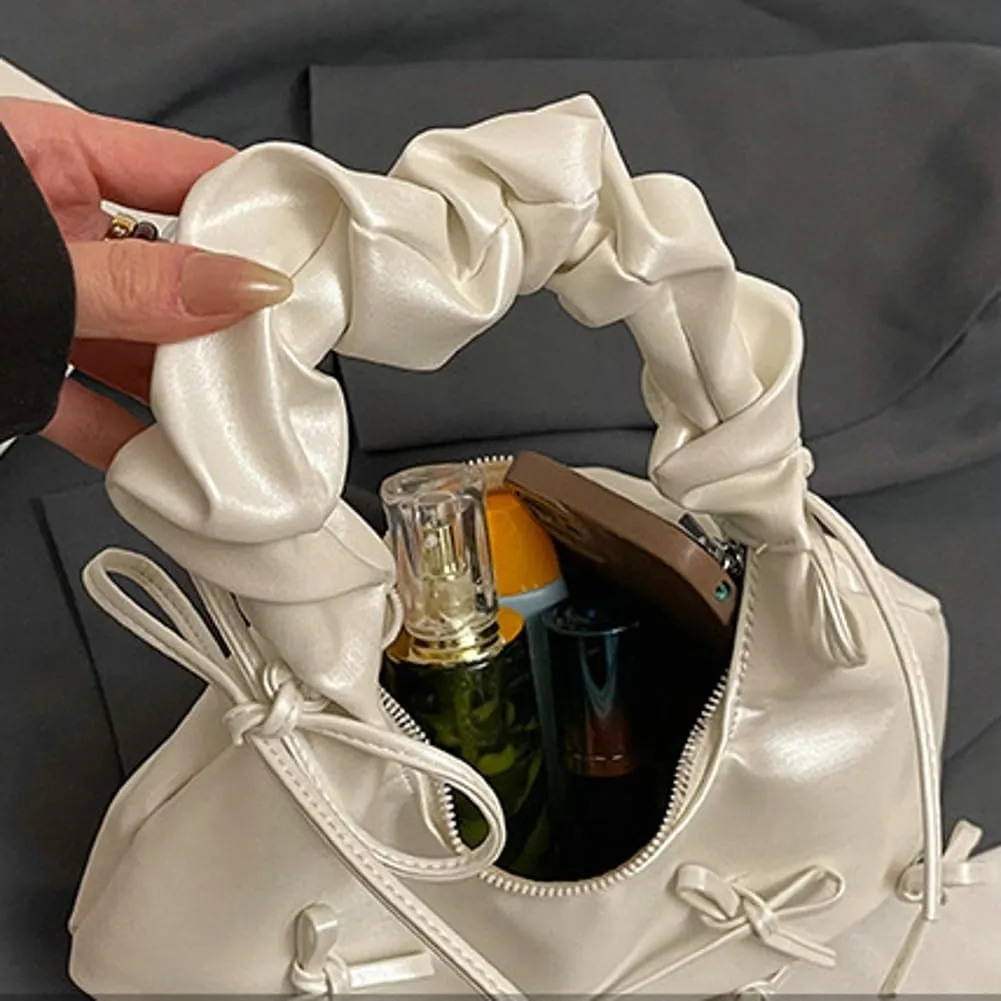 Sweet Cool Bow Tie Underarm Bag for Women Solid Color PU Leather Hobo Bag Commuter Party Travel Shoulder Bags 2025