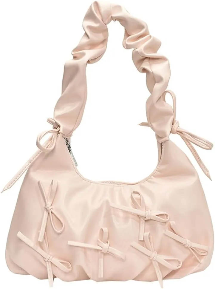 Sweet Cool Bow Tie Underarm Bag for Women Solid Color PU Leather Hobo Bag Commuter Party Travel Shoulder Bags 2025