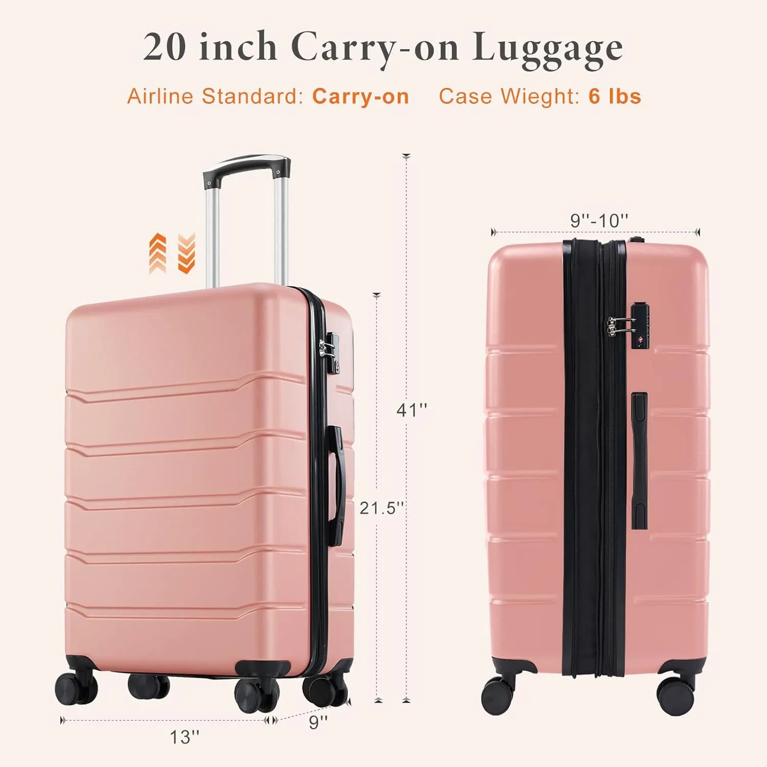 Sweetcrispy Carry on Luggage, Hard Shell ABS, Double Spinner Wheels Lightweight Suitcase TSA Lock, Light Pink, 20 Inch