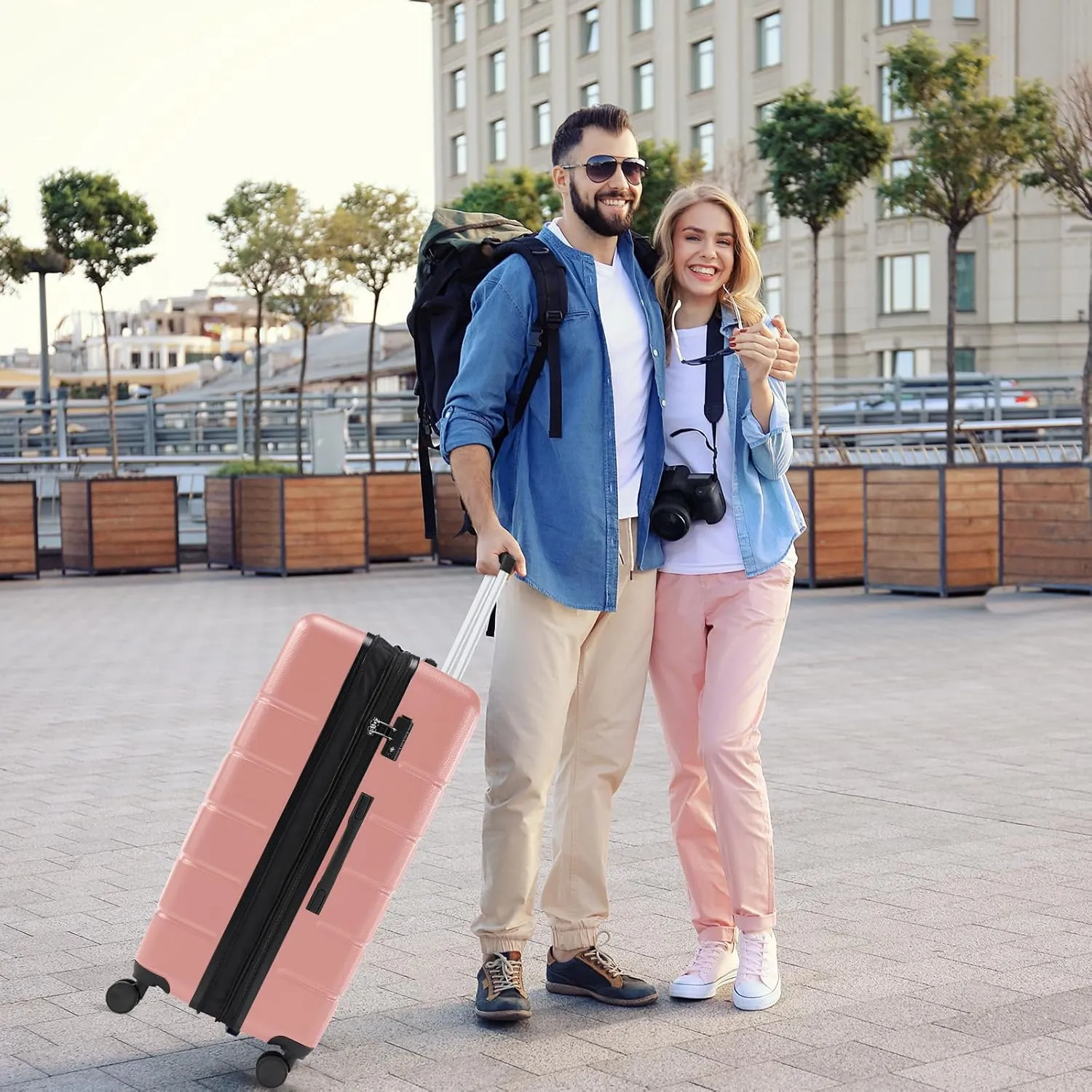 Sweetcrispy Carry on Luggage, Hard Shell ABS, Double Spinner Wheels Lightweight Suitcase TSA Lock, Light Pink, 20 Inch