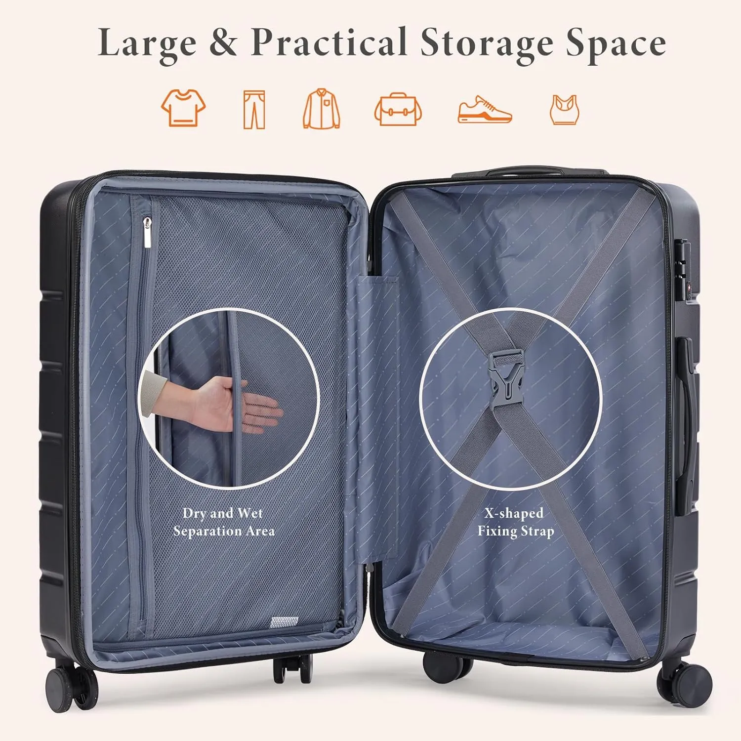 Sweetcrispy Carry on Luggage, Hard Shell ABS, Double Spinner Wheels Lightweight Suitcase TSA Lock, Natural Black, 20 Inch