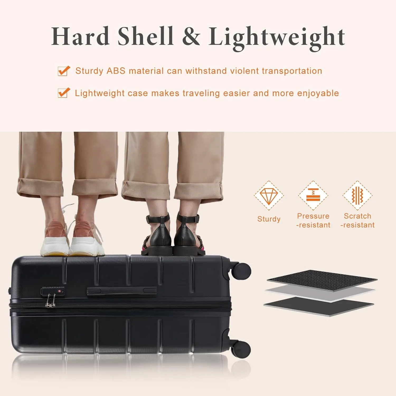 Sweetcrispy Carry on Luggage, Hard Shell ABS, Double Spinner Wheels Lightweight Suitcase TSA Lock, Natural Black, 20 Inch