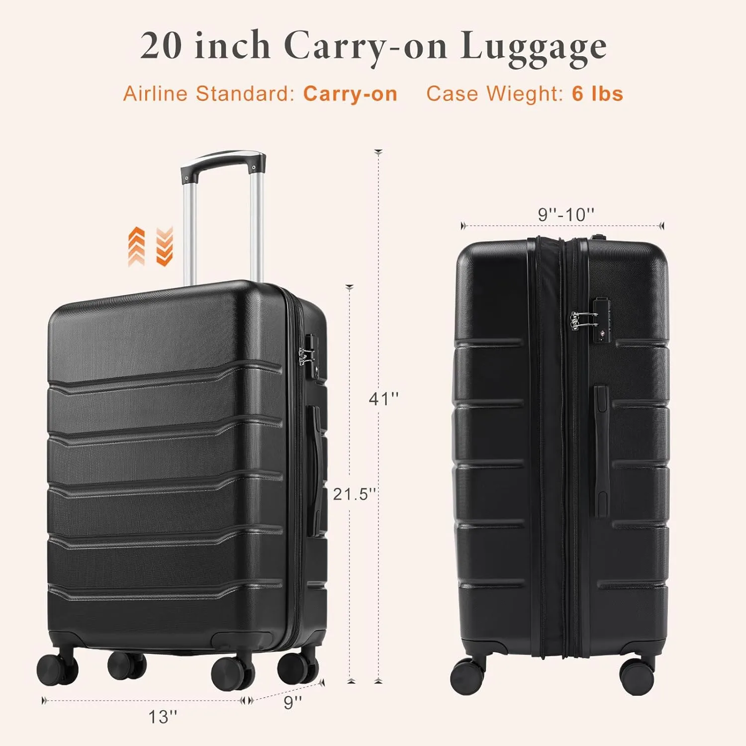 Sweetcrispy Carry on Luggage, Hard Shell ABS, Double Spinner Wheels Lightweight Suitcase TSA Lock, Natural Black, 20 Inch