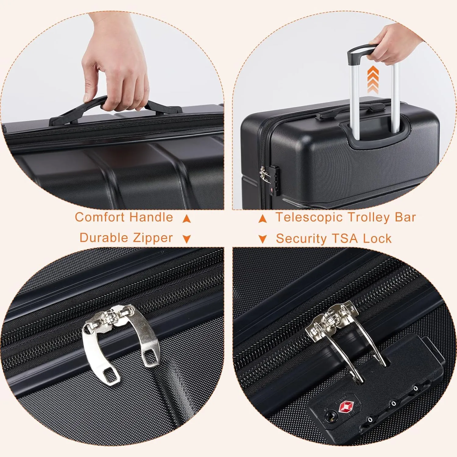Sweetcrispy Carry on Luggage, Hard Shell ABS, Double Spinner Wheels Lightweight Suitcase TSA Lock, Natural Black, 20 Inch