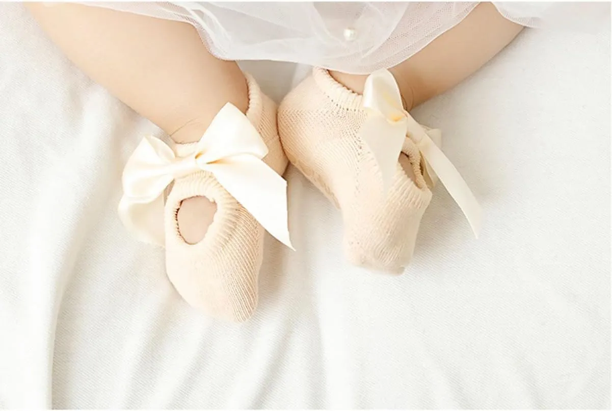Sywwlov 6Pairs Non-skid Baby Girls Lace Ankle Socks Newborn Toddler Cotton Flower Bowknot Walker Socks 0-18M