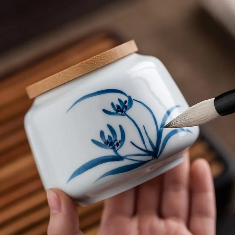 Tea Bag Organizer Tea Storage Container Hand-painted Ceramic Tea Cans Small Portable Storage Tea Empty Cans Household Sealed Moisture-proof Cans Tea Organizer(C)