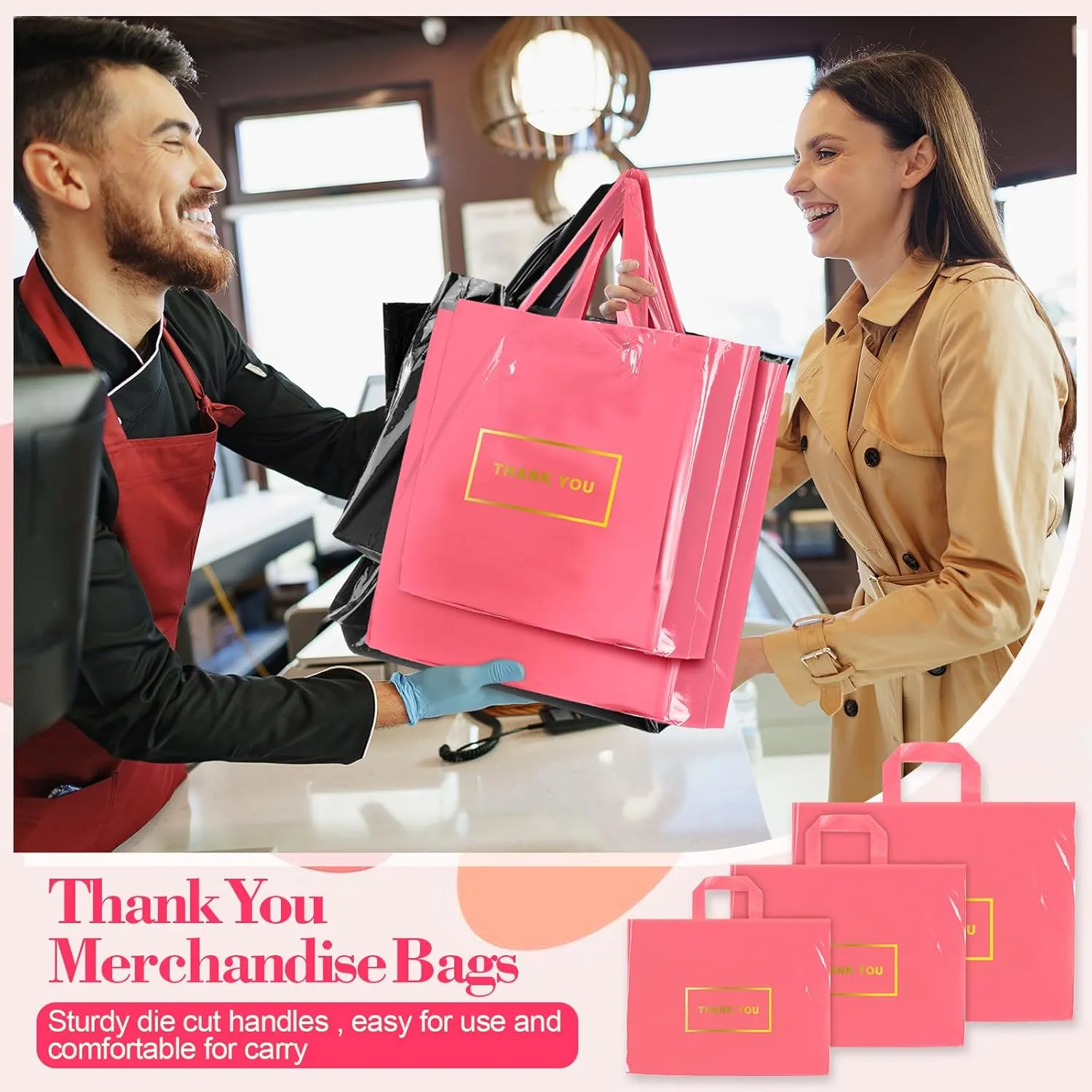 Teling 200 Pcs Thank You Plastic Bags Bulk Thank You Merchandise Bags for Wedding Business, 9 x 12'', 12 x 15'', 15 x 18''(Pink)