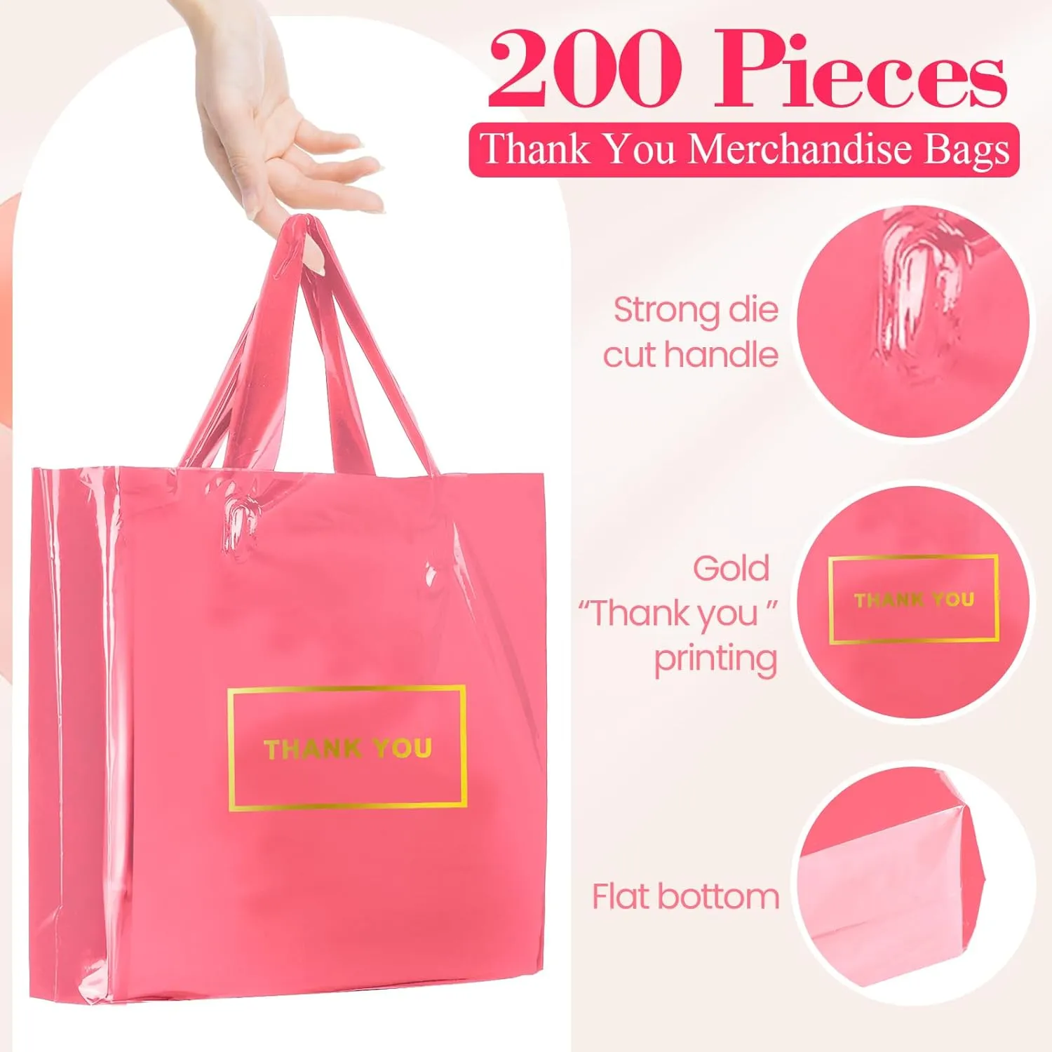 Teling 200 Pcs Thank You Plastic Bags Bulk Thank You Merchandise Bags for Wedding Business, 9 x 12'', 12 x 15'', 15 x 18''(Pink)