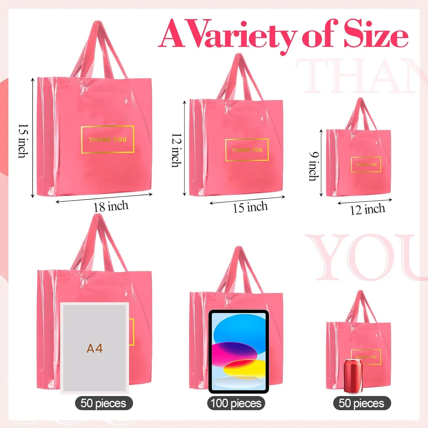 Teling 200 Pcs Thank You Plastic Bags Bulk Thank You Merchandise Bags for Wedding Business, 9 x 12'', 12 x 15'', 15 x 18''(Pink)