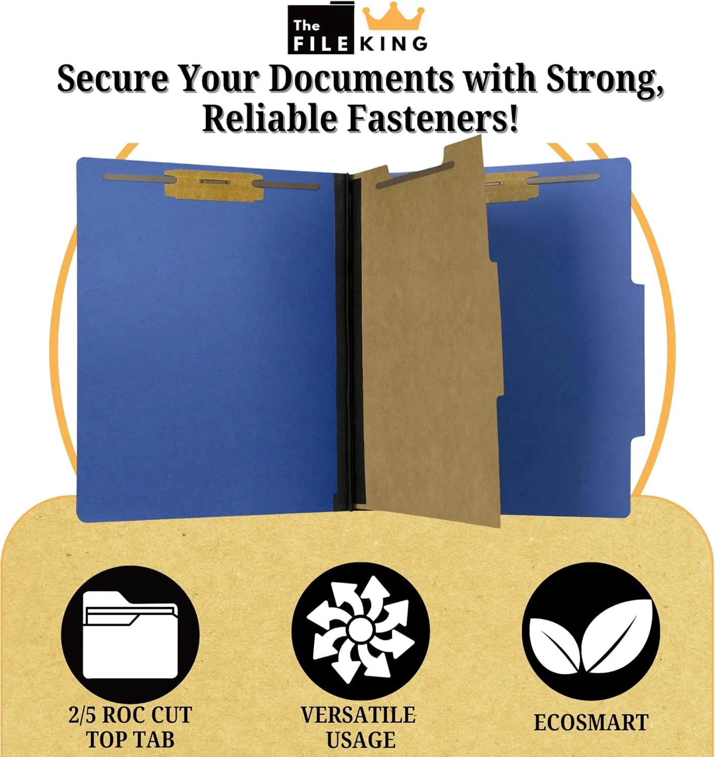 The File King One Divider Dark Blue Pressboard Classification File Folder - Letter Size | Box of 10 | Top Tab | 2” Expansion | Four 2-Inch Durable Fastener Prongs | USA Made