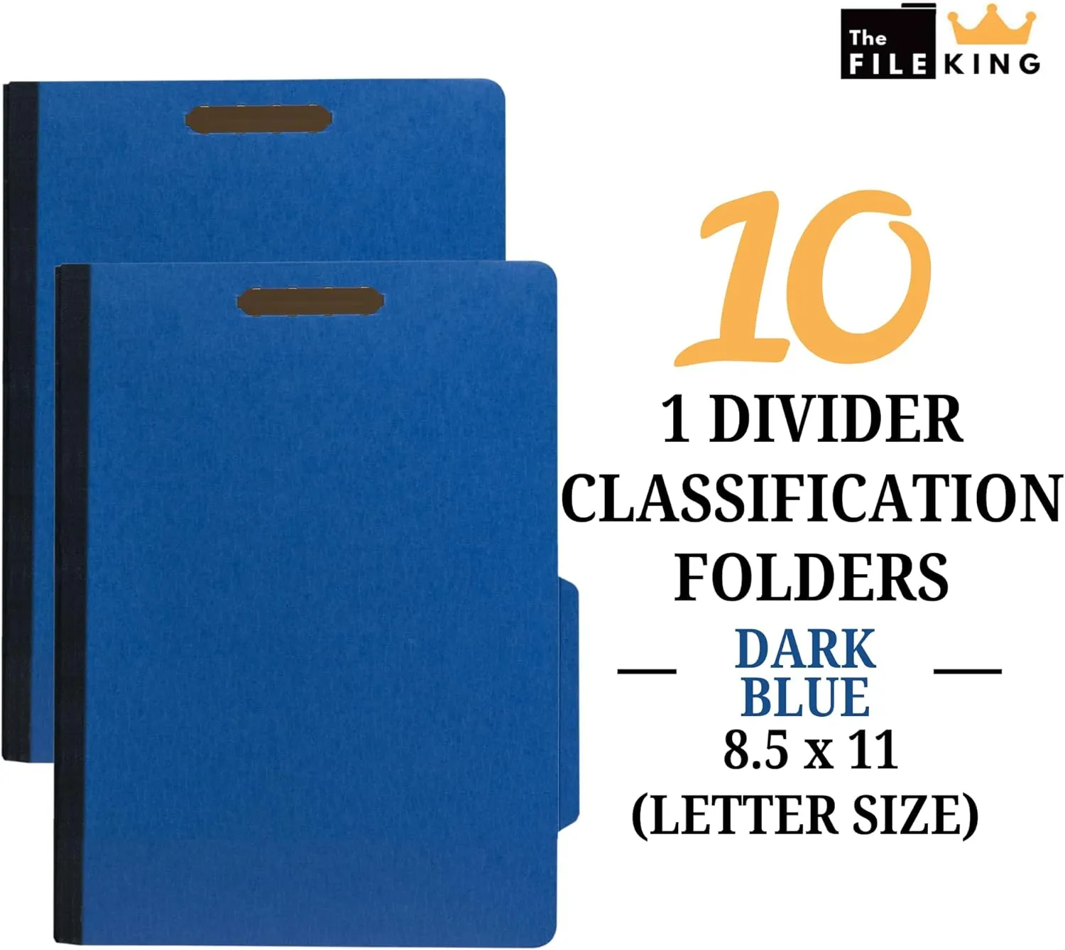 The File King One Divider Dark Blue Pressboard Classification File Folder - Letter Size | Box of 10 | Top Tab | 2” Expansion | Four 2-Inch Durable Fastener Prongs | USA Made