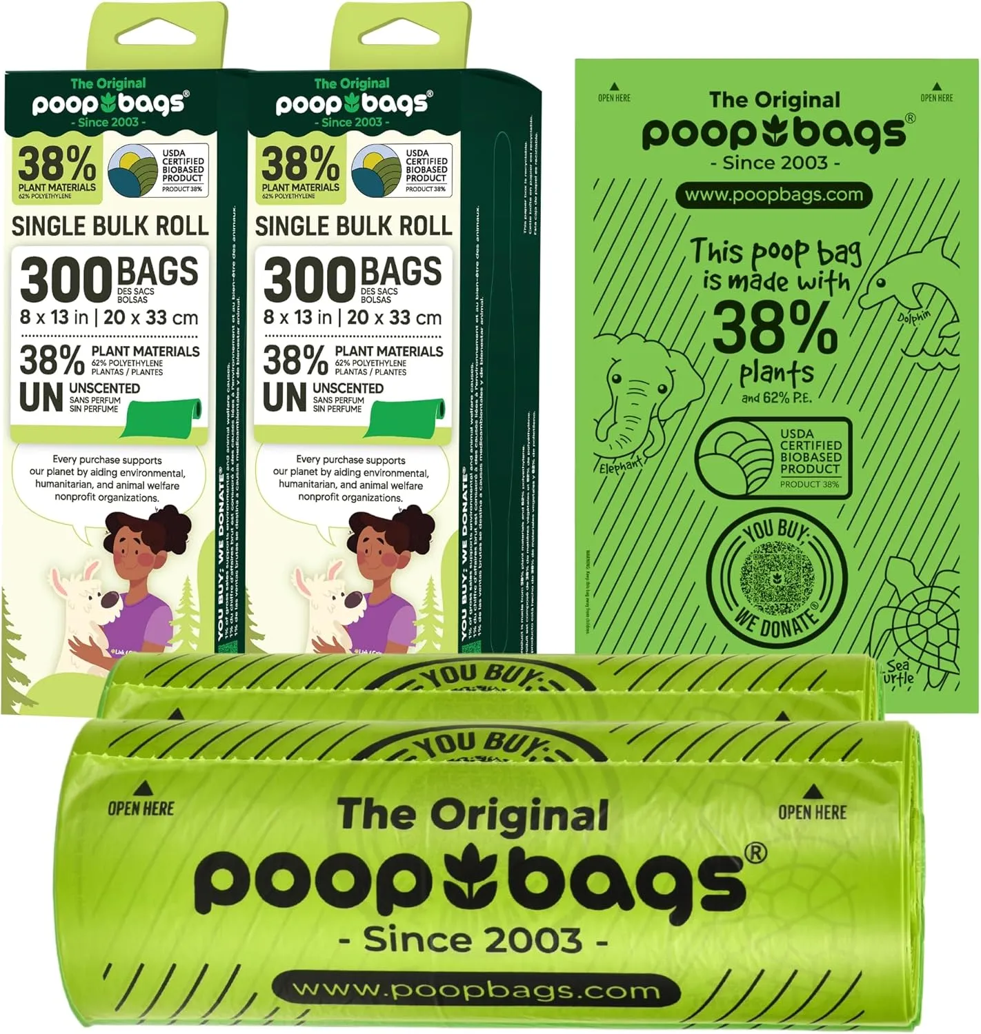 The Original Poop Bags® USDA Certified 38% Plant-Based Doggy Poop Bags Refills - Unscented, Leak-Proof & Strong, Single Bulk Roll, 600 Count