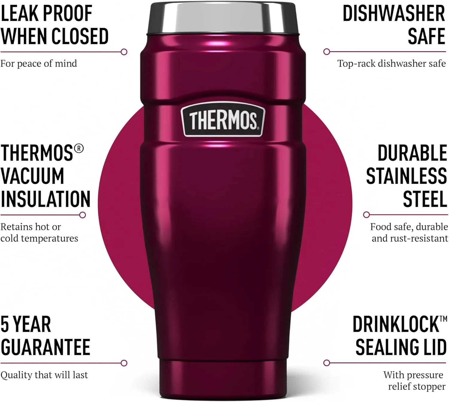 Thermos Stainless King Travel Tumbler, Raspberry, 470 ml