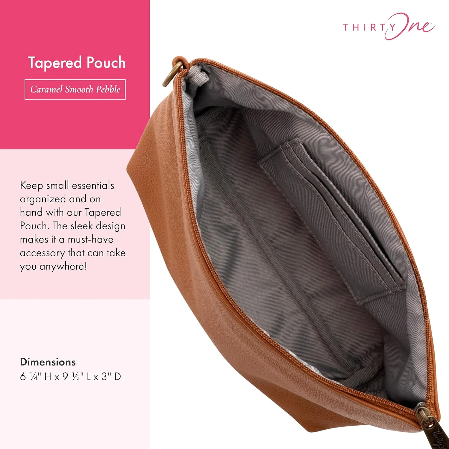 THIRTY-ONE Gifts Tapered Pouch, Zippered Pouch for Purse, Travel Bag, or House Organization, Caramel Smooth Pebble