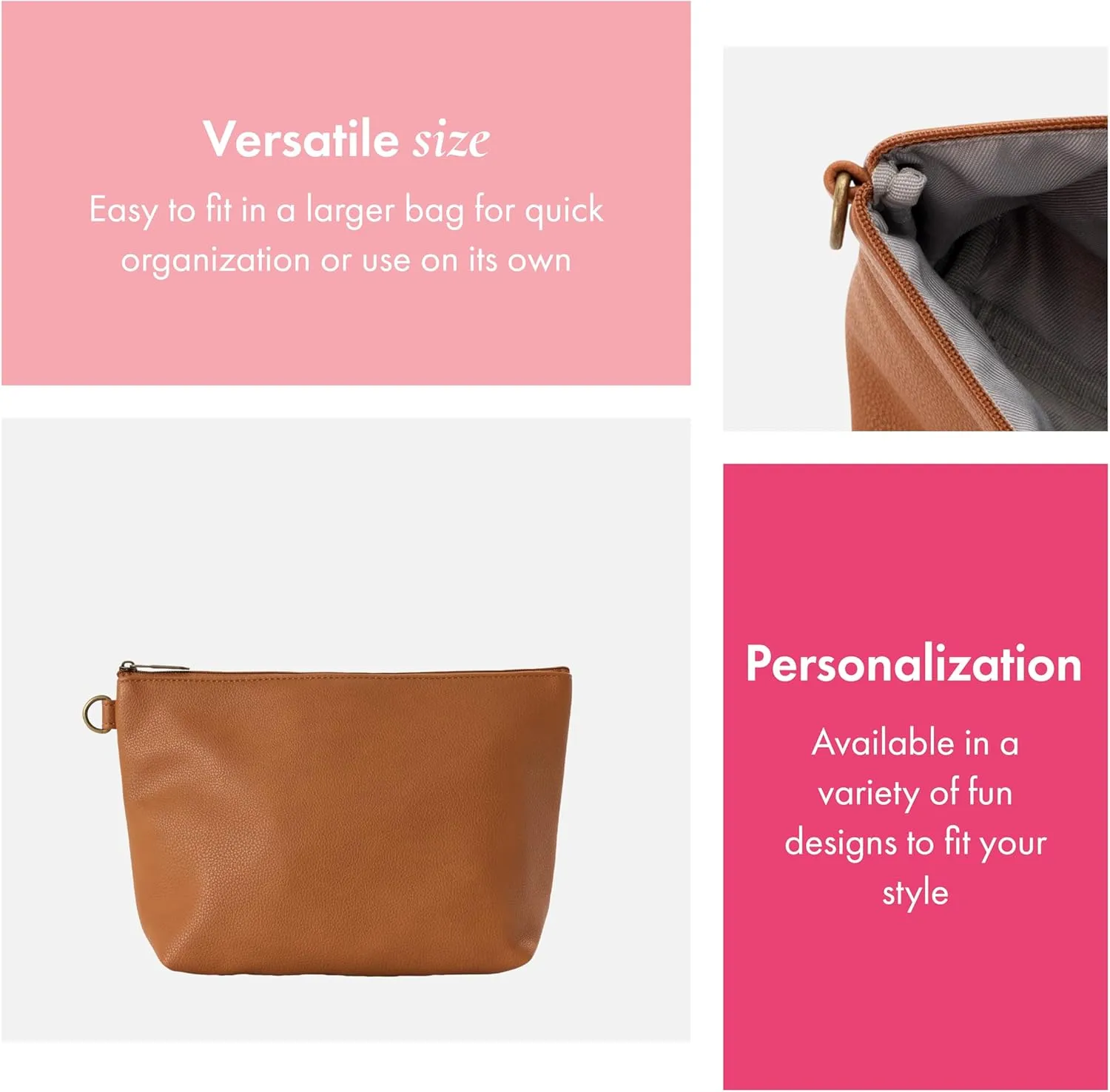 THIRTY-ONE Gifts Tapered Pouch, Zippered Pouch for Purse, Travel Bag, or House Organization, Caramel Smooth Pebble