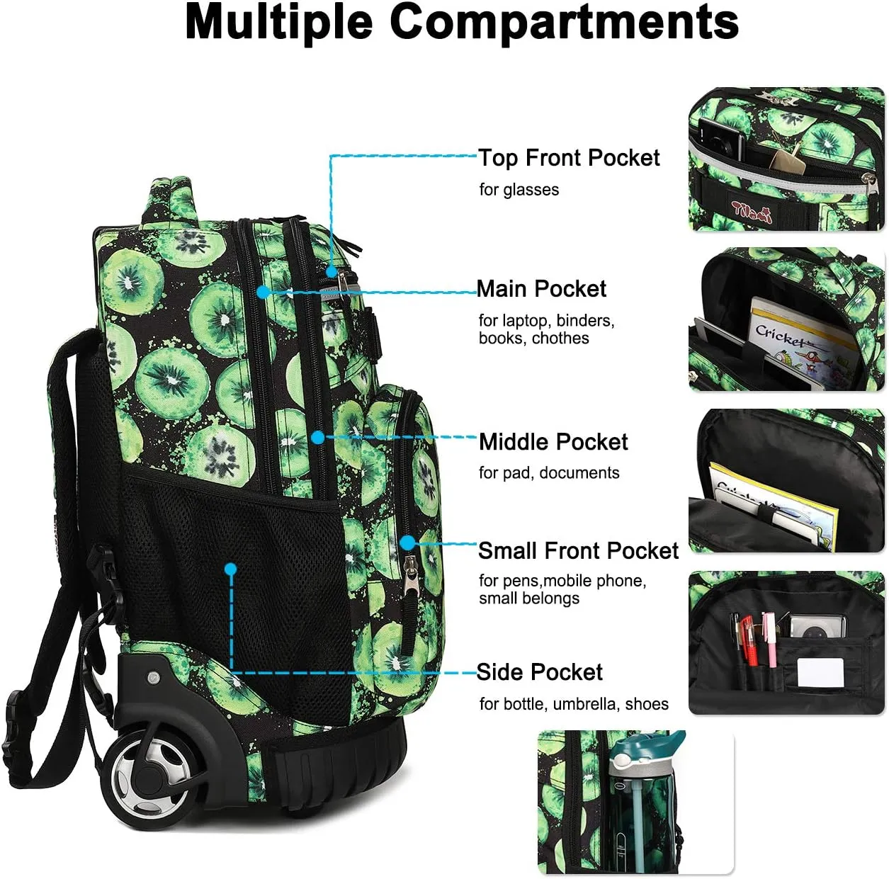 Tilami Rolling Backpack 18 inch Wheeled Backpack School College Student Travel Trip Boys and Girls