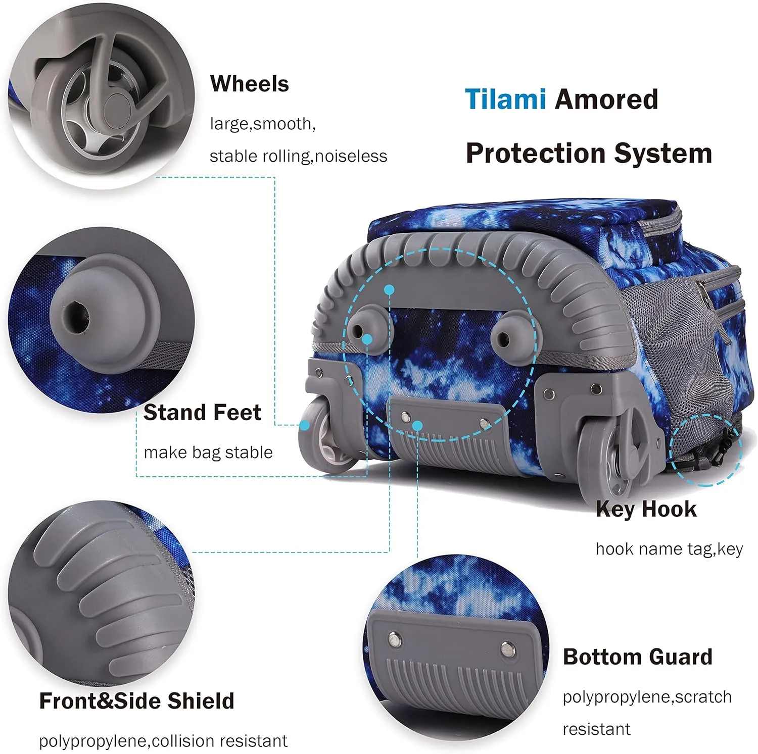 Tilami Rolling Backpack 18 inch Wheeled Backpack School College Student Travel Trip Boys and Girls