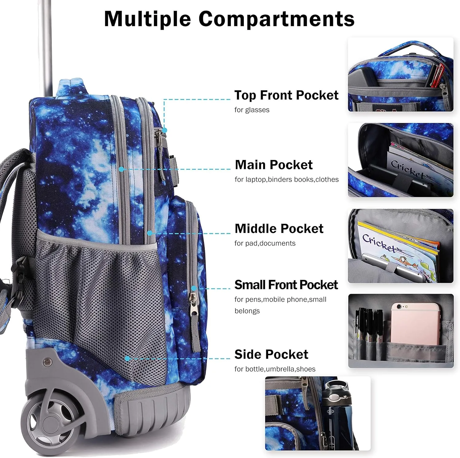 Tilami Rolling Backpack 18 inch Wheeled Backpack School College Student Travel Trip Boys and Girls