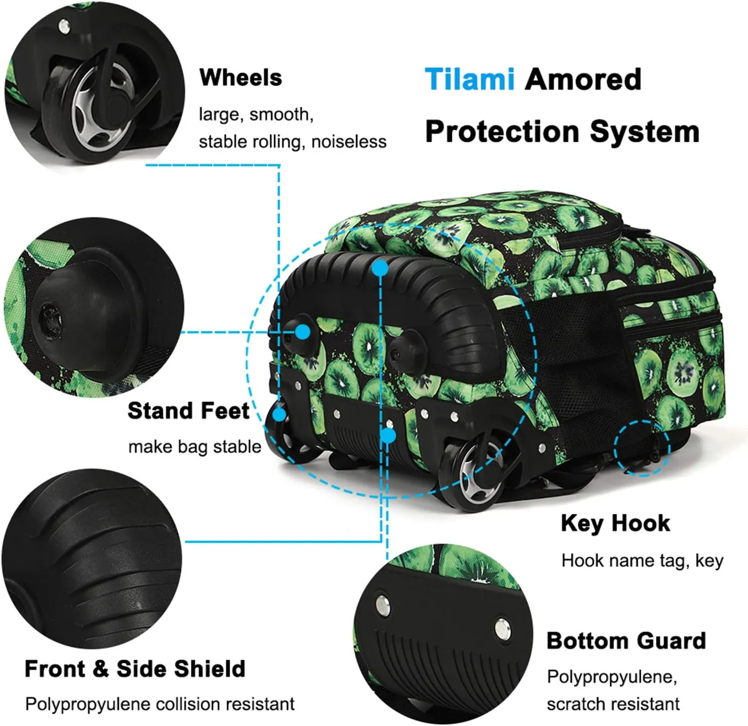 Tilami Rolling Backpack 18 inch Wheeled Backpack School College Student Travel Trip Boys and Girls