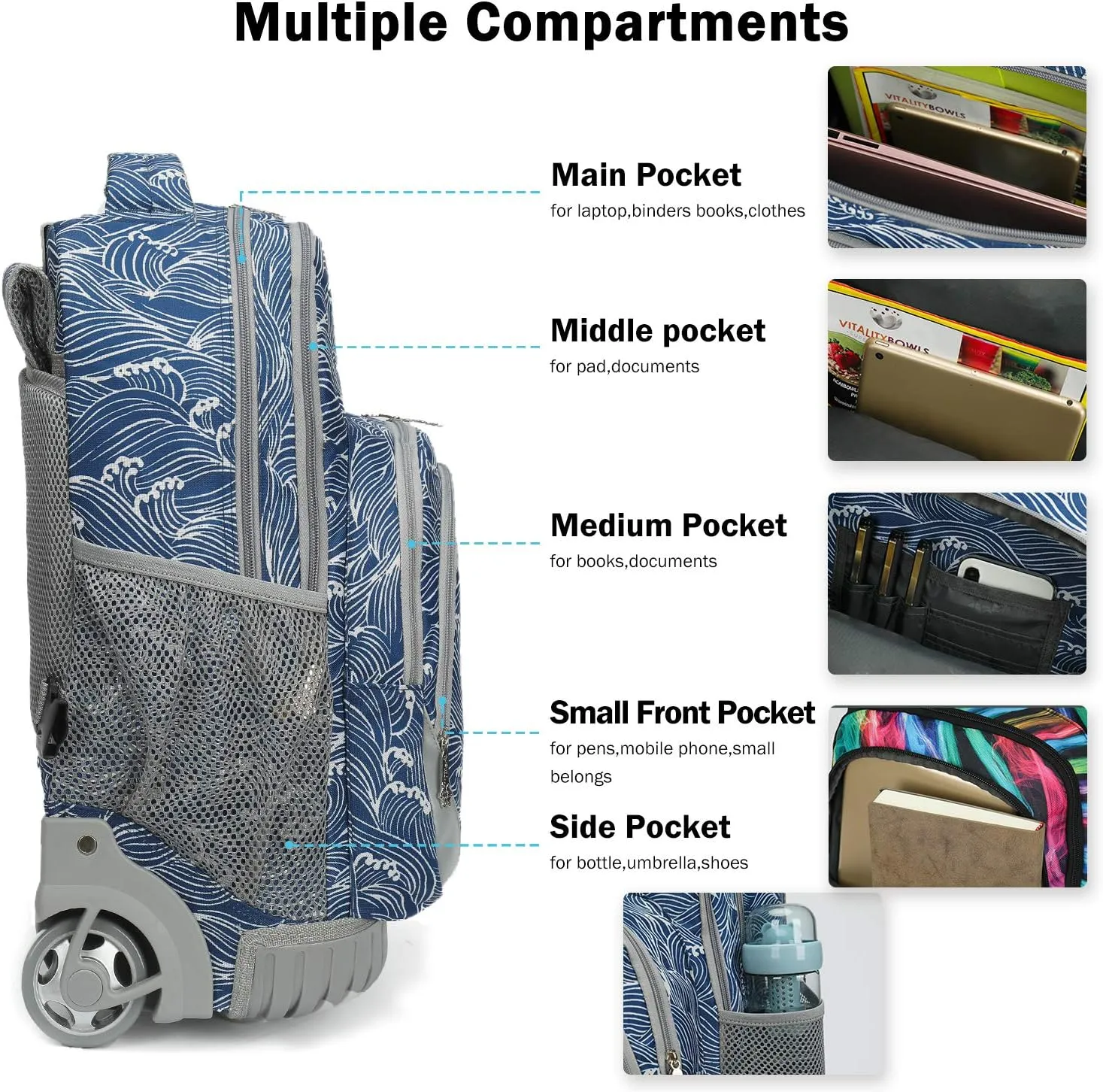 Tilami Rolling Backpack 19 inch Wheeled Boys Girls Travel School Student Trip…
