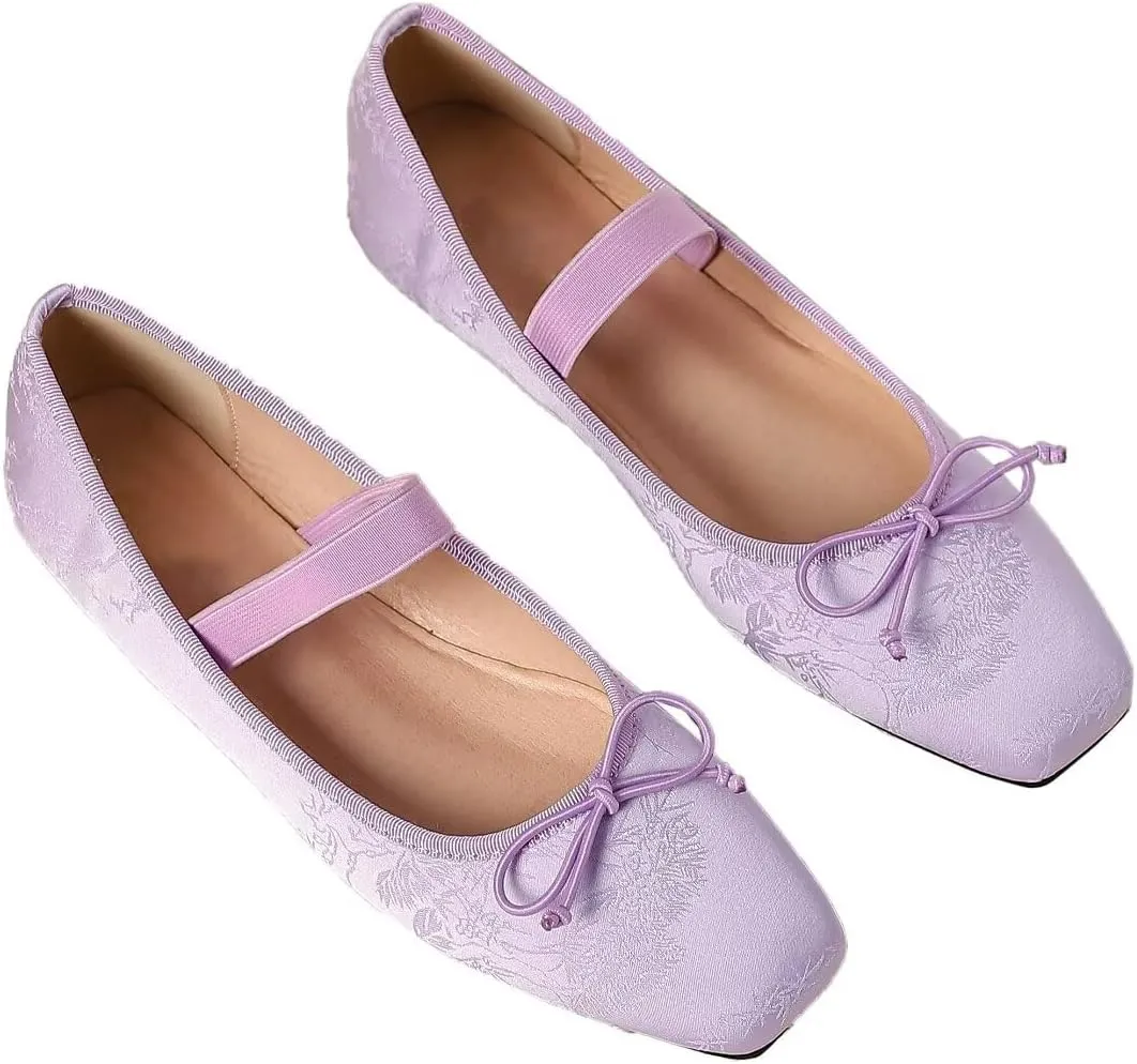 TN TANGNEST Leather Flats for Women Comfortable Square Toe Bowknot Ballet Flats Retro Slip On Mary Jane Flats