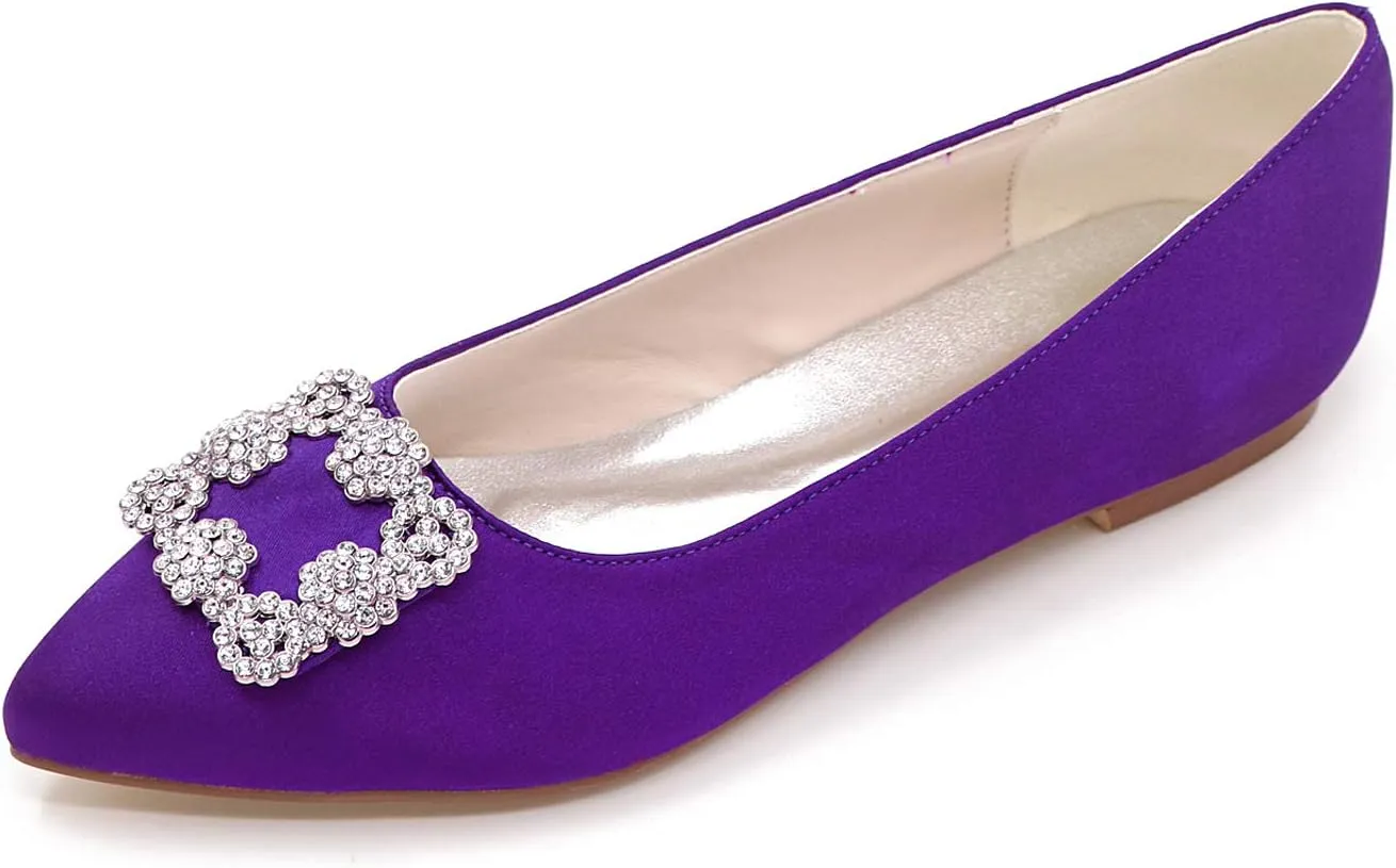 TNXZ Wedding Flats Shoes Women Wedding Shoes for Bride Flats Bridal Shoes Flats Satin Closed Toe Rhinestone Ballet Flats