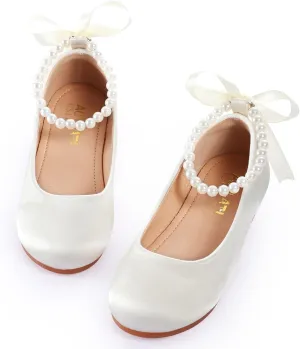 Toddler Girls Dress Shoes Flower Girls Mary Jane Ballet Flats Decorative Pearls Lace-Up Ankle Strap Wedding Communion Princess Shoes