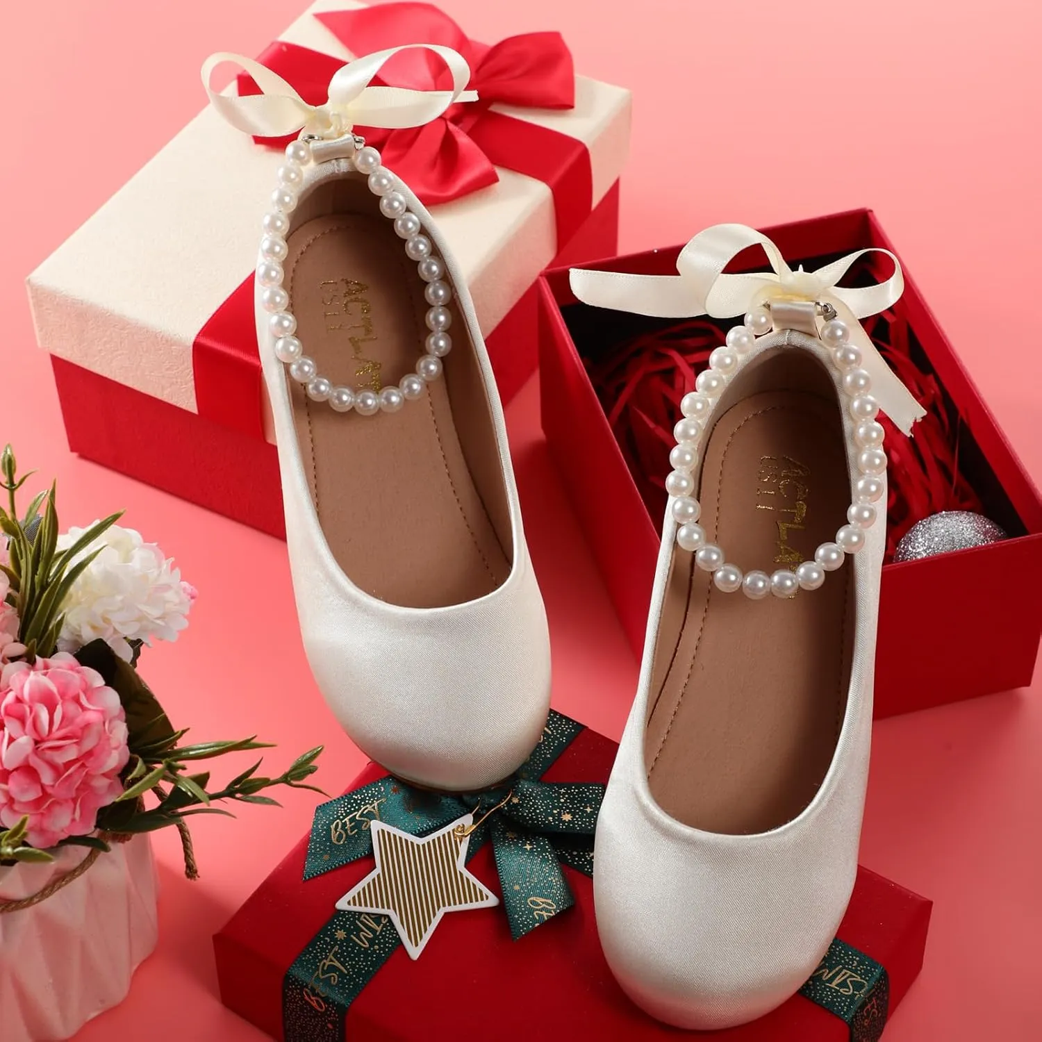 Toddler Girls Dress Shoes Flower Girls Mary Jane Ballet Flats Decorative Pearls Lace-Up Ankle Strap Wedding Communion Princess Shoes