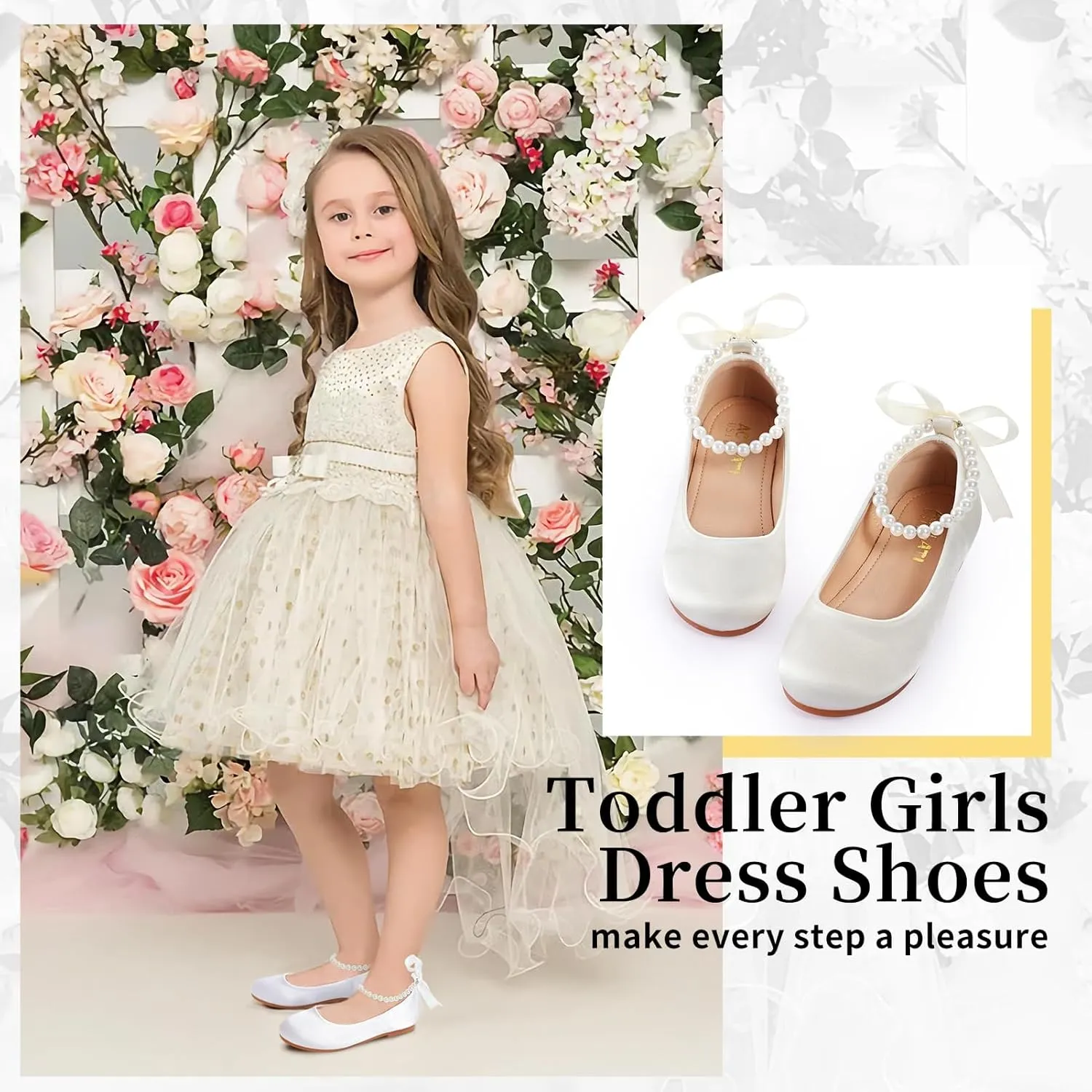 Toddler Girls Dress Shoes Flower Girls Mary Jane Ballet Flats Decorative Pearls Lace-Up Ankle Strap Wedding Communion Princess Shoes