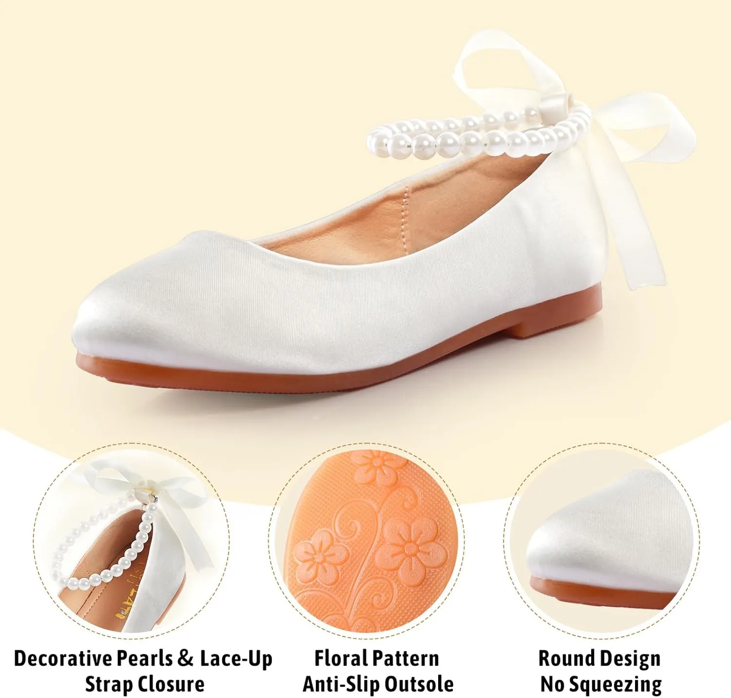 Toddler Girls Dress Shoes Flower Girls Mary Jane Ballet Flats Decorative Pearls Lace-Up Ankle Strap Wedding Communion Princess Shoes