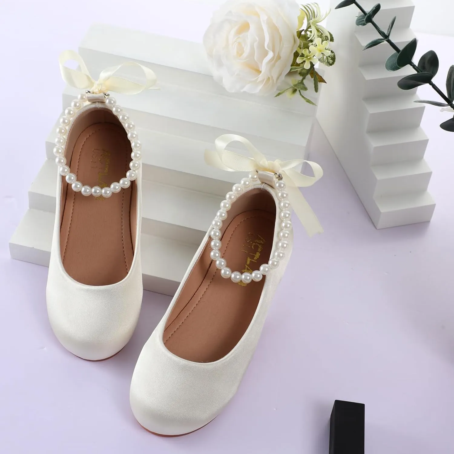 Toddler Girls Dress Shoes Flower Girls Mary Jane Ballet Flats Decorative Pearls Lace-Up Ankle Strap Wedding Communion Princess Shoes
