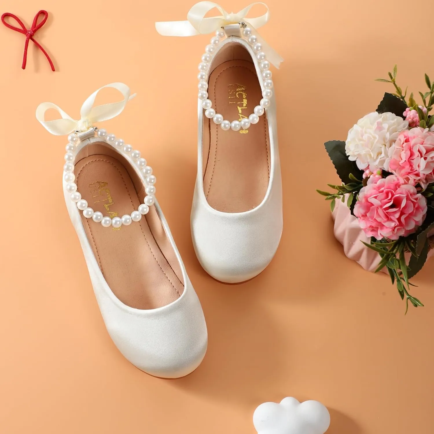 Toddler Girls Dress Shoes Flower Girls Mary Jane Ballet Flats Decorative Pearls Lace-Up Ankle Strap Wedding Communion Princess Shoes