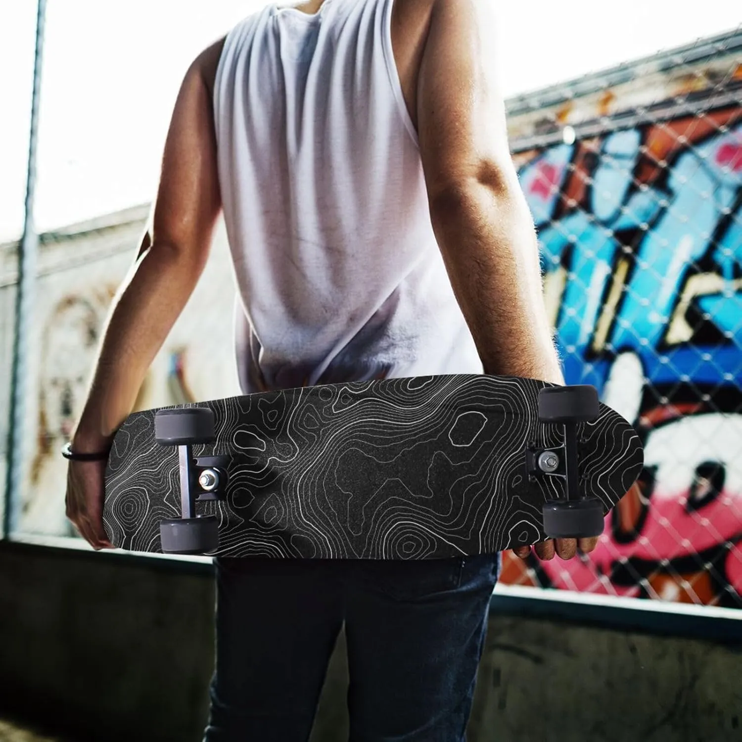 Topographic Map Black Grip Tape White Lines Contour Geographic Skateboard Grip Tape 33x9 inch Non-Slip Sandpaper Tape, Grip Tape for Skateboard Longboard Roller Board Stair Treads