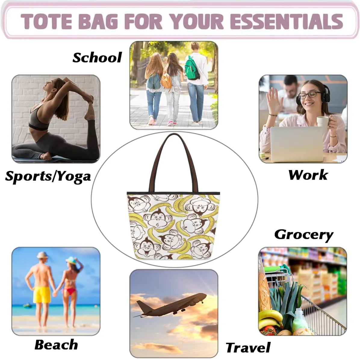Tote Bag for Women with Zipper Large Capacity Top Handle Casual Shoulder Bag Handbag Reusable Shopping