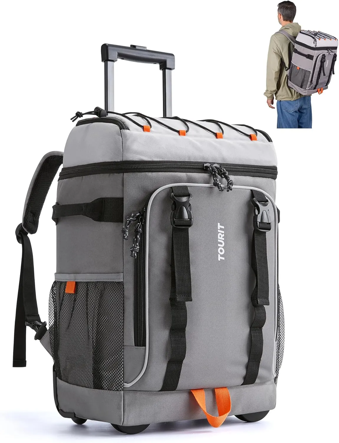 TOURIT 50-Can Rolling Backpack, Double Deck & Dual-Bar Handle Travel Soft Cooler Bag with Wheels for Women, 30L Space Beach Cooler Size 18"(15" 3")×13"×11"